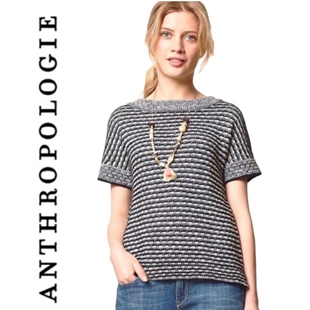 Anthropologie Field Flower Greta Black/White Knit Short Sleeve Sweater Top - XS